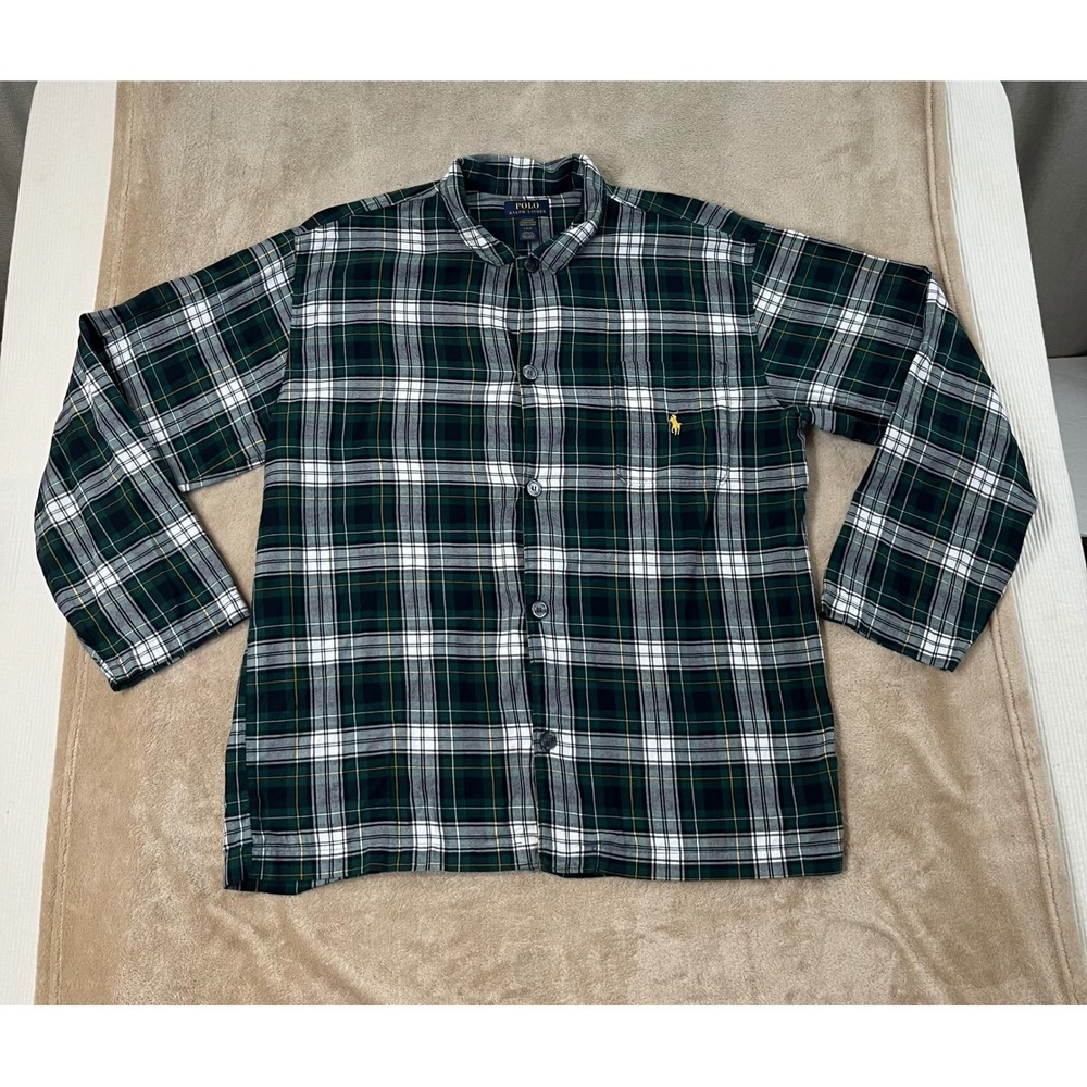 Polo Ralph Lauren Flannel Pajama Top Mens L Green Black Plaid Sleepwear Button